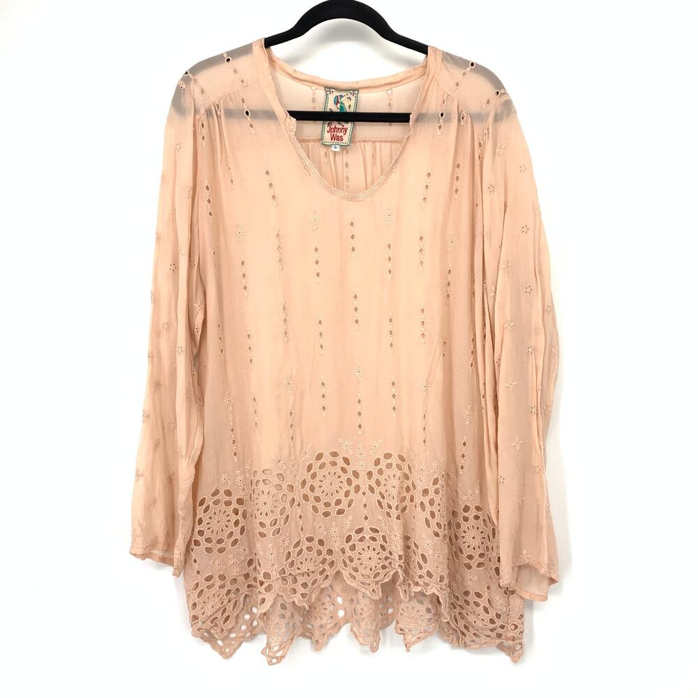 Johnny Was Tunic Blouse Womens L Blush Eyelet Embroidered Cutwork Boho Top